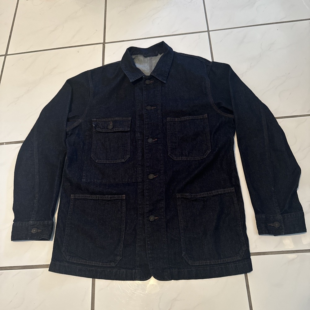 Uniqlo Jacket Mens L Blue Denim Chore Shacket Utility Stretch Work Indigo